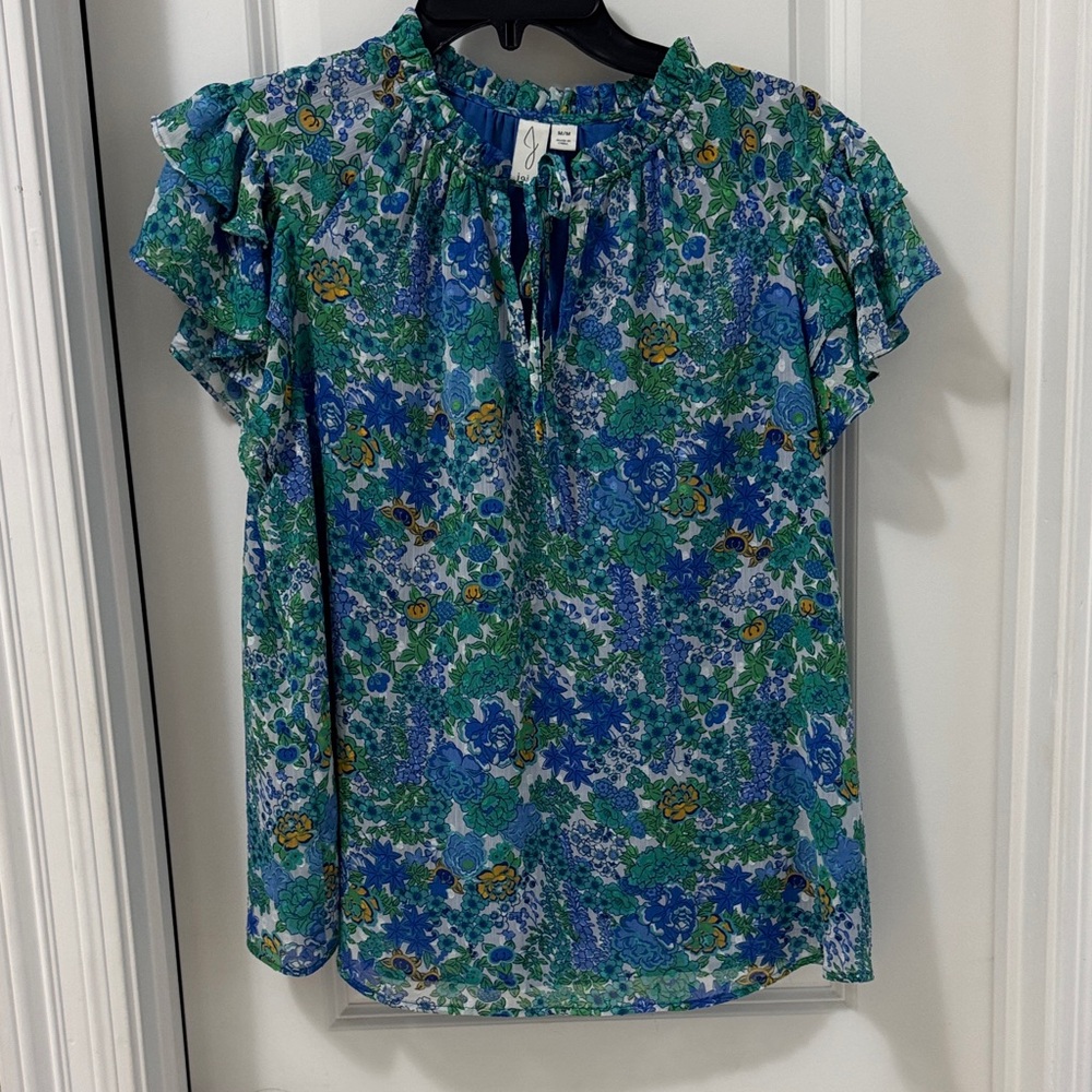Joie Green & Blue Floral Ruffle-Sleeve Blouse